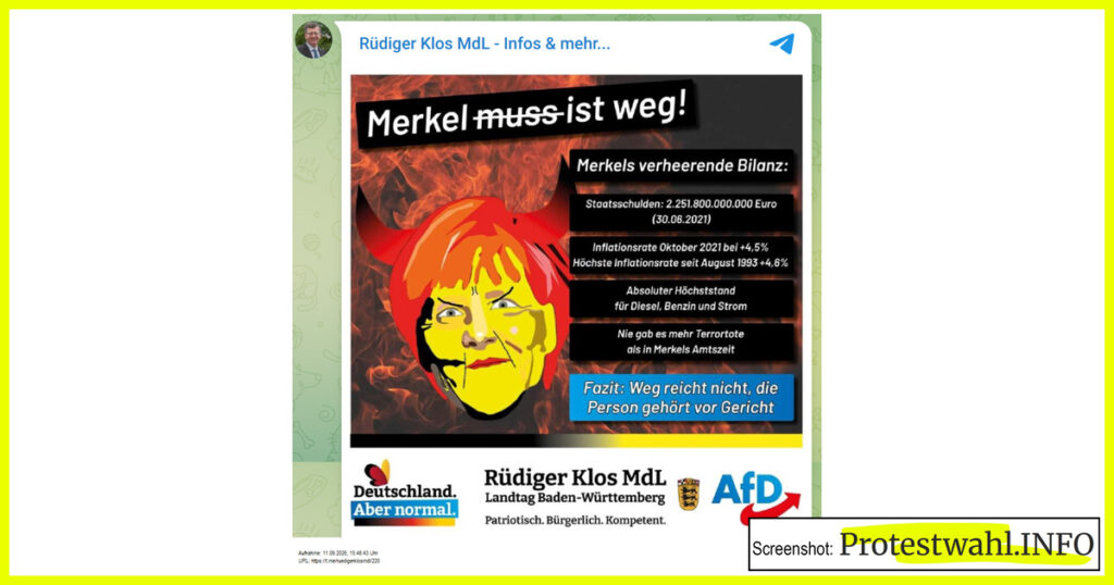 Der AfD-Landtagsabgeordnete Rüdiger Klos aus Baden-Württemberg will Ex-Bundeskanzlerin Angela Merkel vor Gericht stellen. Für jeden nachlesbar, beschuldigt er sie aber keiner Straftaten. Denn hohe Benzinpreise sind unzweifelhaft kein Straftatbestand aus dem Strafgesetzbuch. Screenshot: Protestwahl.Info