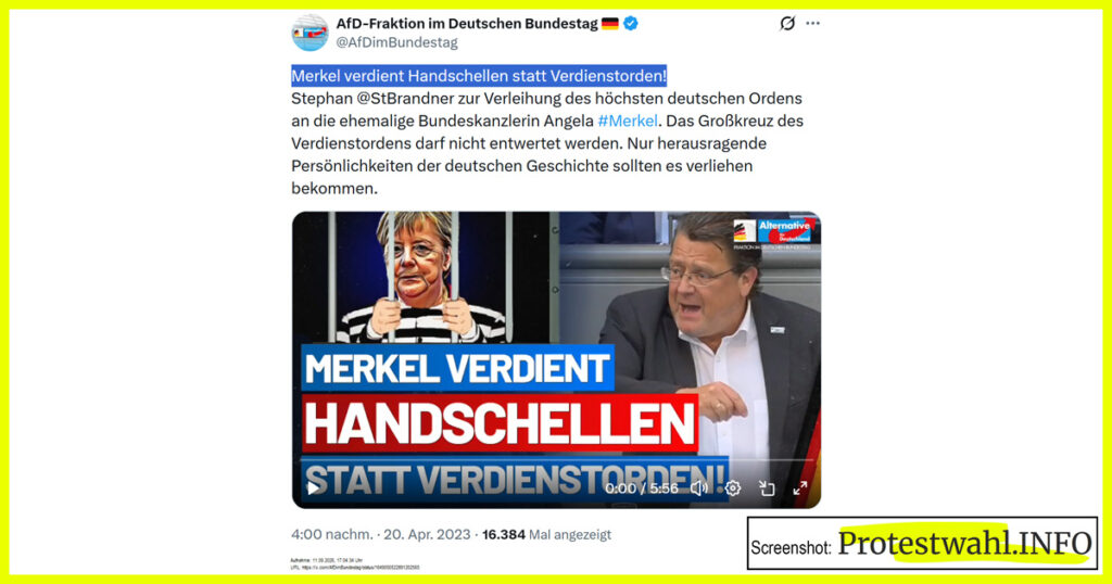 Selbst ernannte Demokraten der AfD wollen ihre politische Konkurrenz einfach wegsperren. Ohne überhaupt einen angeblichen Straftatbestand zu benennen, erhebt die AfD-Bundestagsfraktion in Person des Abgeordneten und Rechtsanwalts Stephan Brandner die Forderung, der Ex-Bundeskanzlerin Angela Merkel Handschellen anzulegen. Screenshot: Protestwahl.INFO
