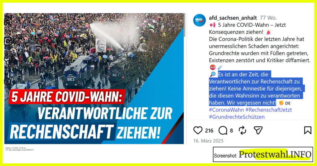 Die AfD Sachsen-Anhalt will politische Gegner für deren „Corona-Politik“ zur Rechenschaft ziehen. Es geht dabei nicht um ein politisches, sondern um ein juristisches „zur Rechenschaft ziehen“. Das belegt der Hinweis, dass es „keine Amnestie“, also keinen Straferlass geben werde. Screenshot: Protestwahl.INFO