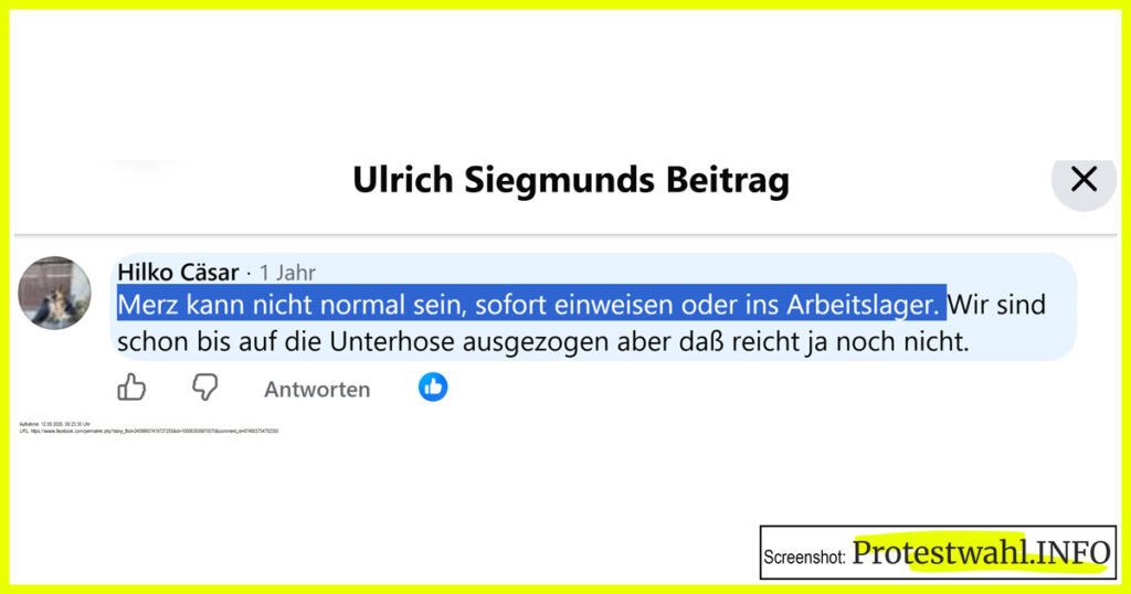 Bundeskanzler Friedrich Merz ins Arbeitslager – das fordert ein Kommentator auf der Facebook-Seite von Ulrich Siegmund, der mit der AfD die Landtagswahl 2026 in Sachsen-Anhalt gewonnen hat. Screenshot: Protestwahl.INFO