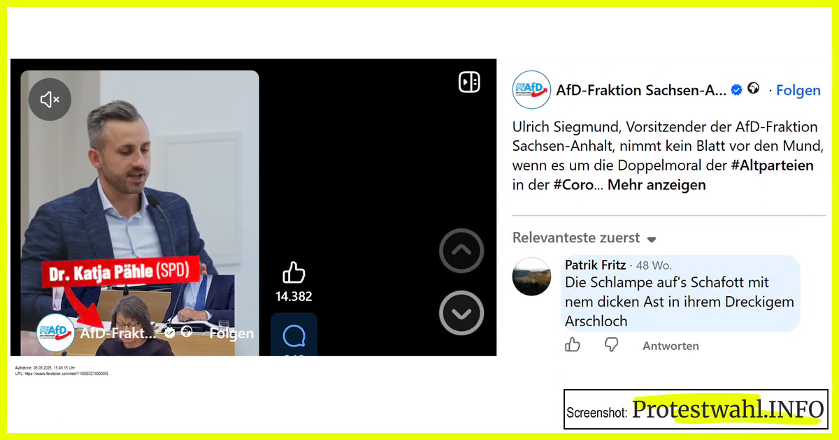 Die SPD-Fraktionsvorsitzende aus dem Landtag von Sachsen-Anhalt soll getötet werden – so verlangt es ein Kommentator auf der Facebook-Seite der AfD-Landtagsfraktion Sachsen-Anhalt. Zum Zeitpunkt des Screenshots war die Forderung, "die Schlampe auf's Schafott" zu bringen, bereits 48 Wochen veröffentlicht – ohne dass die AfD-Fraktion als Accountbetreiber diesen Kommentar gelöscht hätte. Screenshot: Protestwahl.INFO