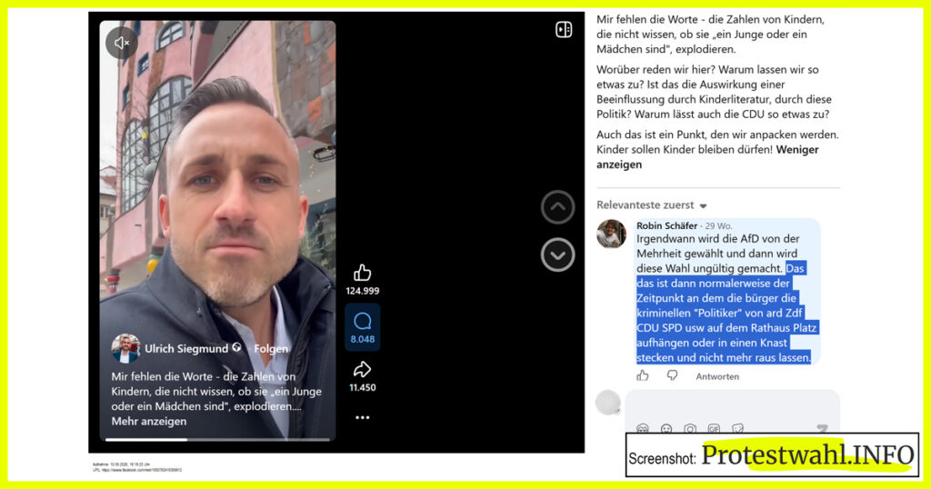 Ein Kommentator auf der Facebook-Seite des bisherigen AfD-Landtagsfraktionsvorsitzenden Ulrich Siegmund aus Sachsen-Anhalt denkt darüber nach, wann Politiker auf dem Rathausplatz aufgehängt werden sollten. Zum Zeitpunkt der Dokumentation als Screenshot war der Beitrag schon 29 Wochen online, ohne dass Siegmund ihn gelöscht hätte oder der Aussage entgegengetreten wäre. Screenshot: Protestwahl.INFO